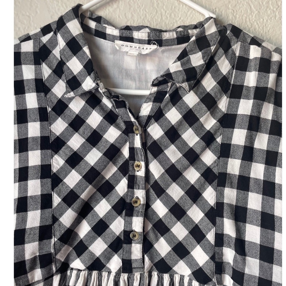 Downeast Black White Gingham Plaid Babydoll Dress Ruffle Sleeve Pockets Size L - Picture 3 of 16